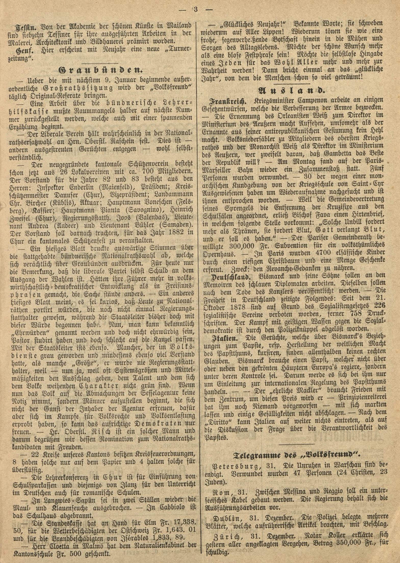 Conrad Conzett: Der Volksfreund. Zeitung. In Schuber 2 für 1882
