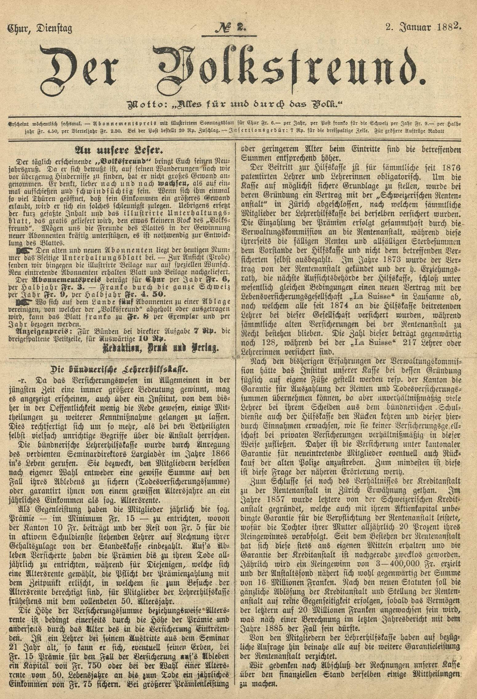 Conrad Conzett: Der Volksfreund. Zeitung. In Schuber 2 für 1882