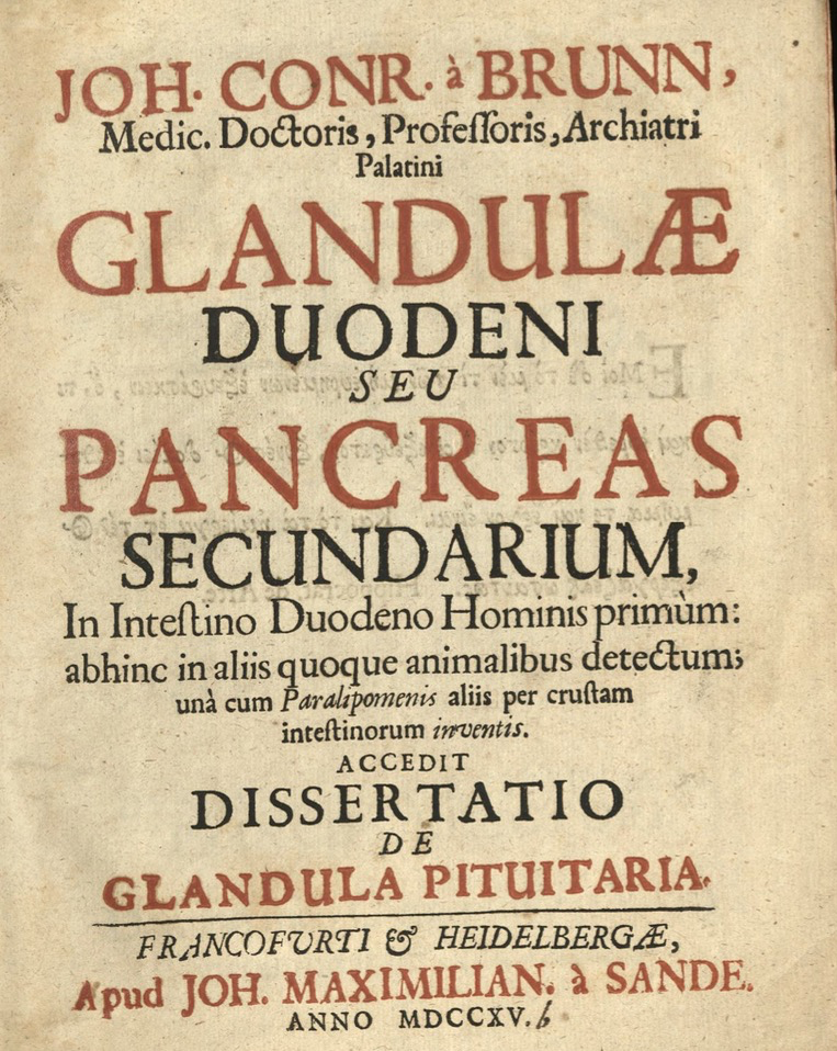 Brunn, Johann Conrad: Glandulae Duodeni Seu Pancreas Secundarium in Intestino Duodeno Hominis Primum