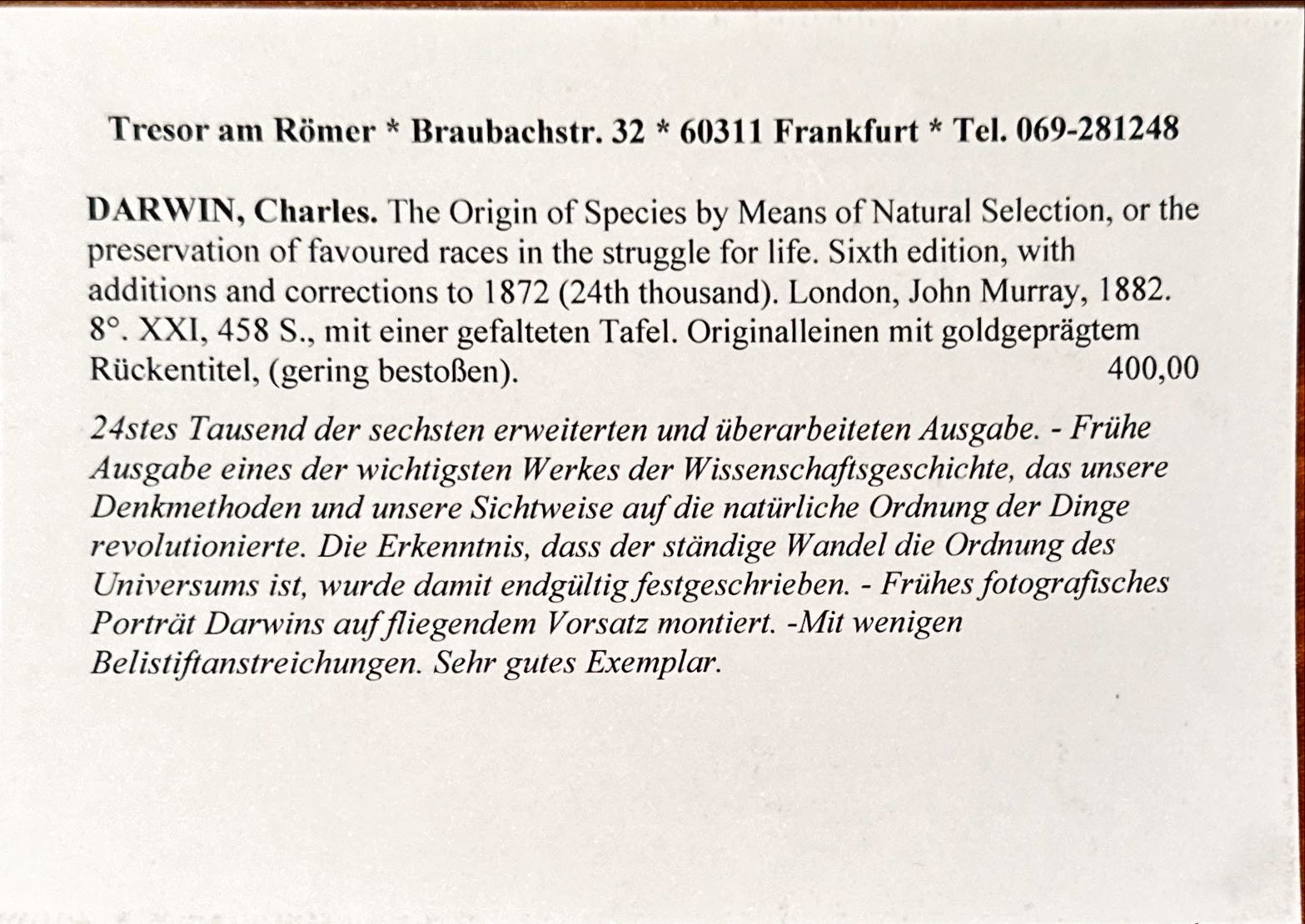 DARWIN, Charles. The Origin of Species by Means of Natural Selection, 1882
