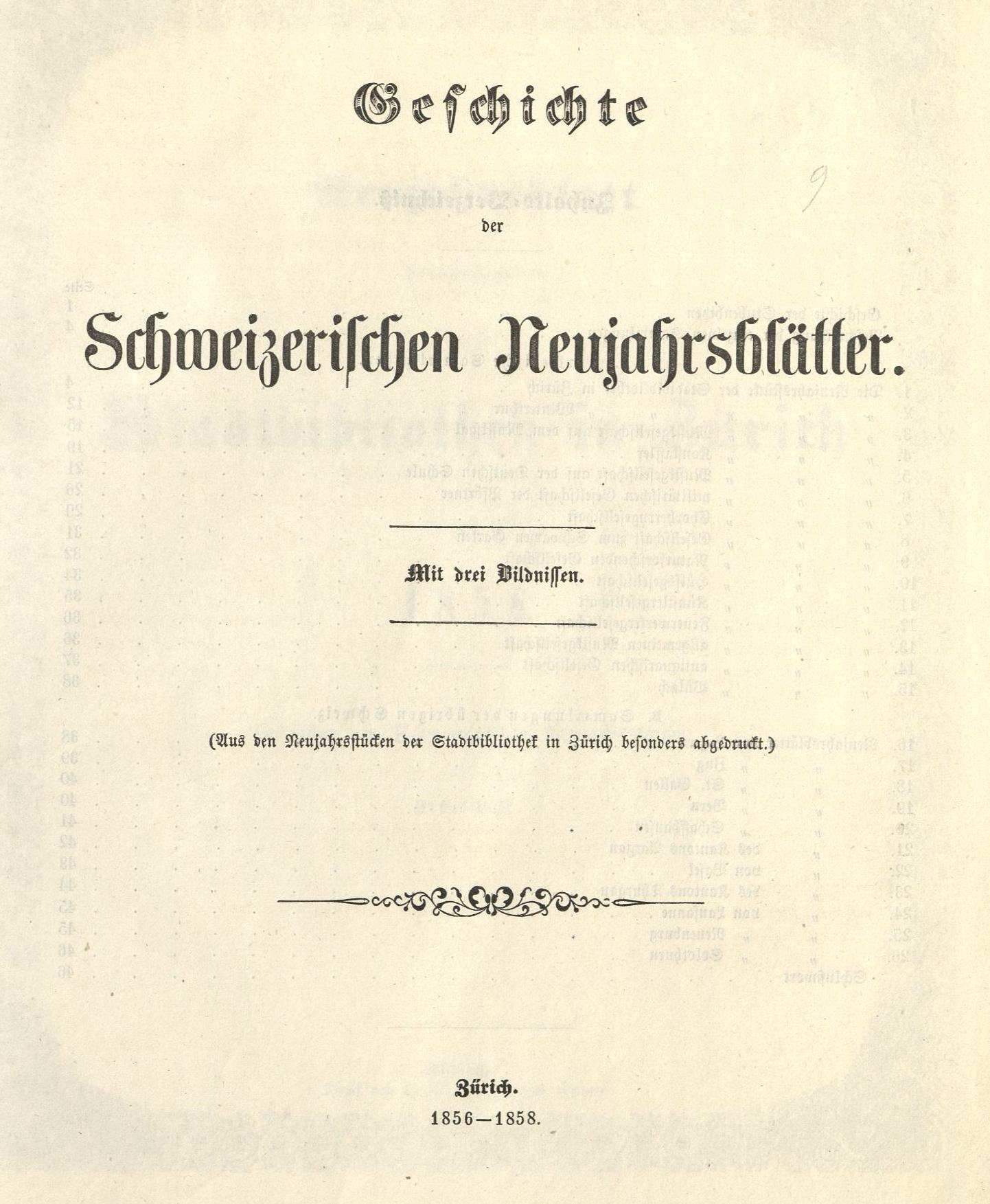 Neujahrsblätter Stadtbibliothek Zürich 1856 - 1858  Geschichte der Schweizerishen Neujahrsblätter